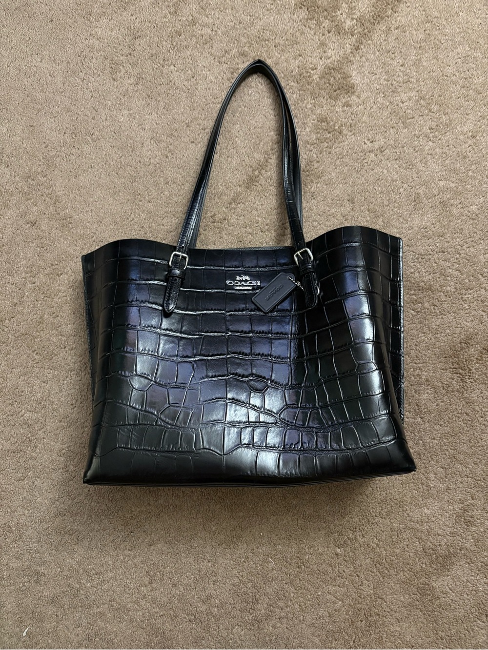 Coach Mollie Large Tote Bag In Crocodile-Embossed Leather/Silver/Black CW018